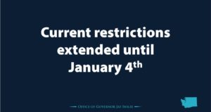 PowerPoint slide saying "Current restrictions extended to Jan. 4th"
