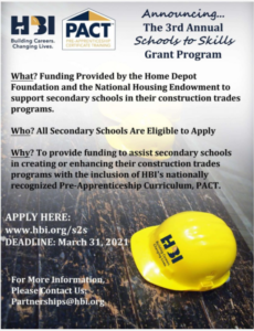 Image w/ yellow HBI hardhat and details about the Schools to Skills grant program