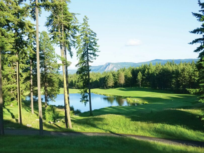 image of golf course water hazard surrounded by trees at Suncadia resort